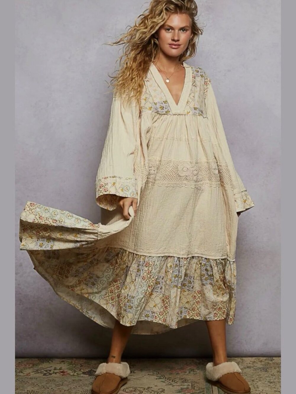 Pol Boho Midi Dress Double Gauze Patchwork Oversize Loose Fit Ivory Size S M L - Picture 7 of 11